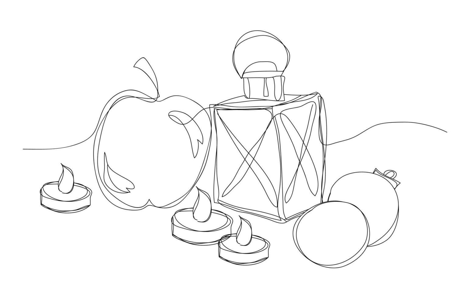 Continuous one line drawing oil lamp, candle, apple and Christmas tree ball. Black contour line, minimalist graphic isolated illustration. vector
