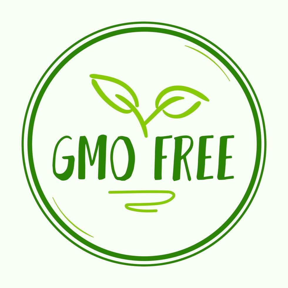 GMO free round green label with leaf and text, for genetically unmodified products packaging. label or logo sticker or print on product. vector