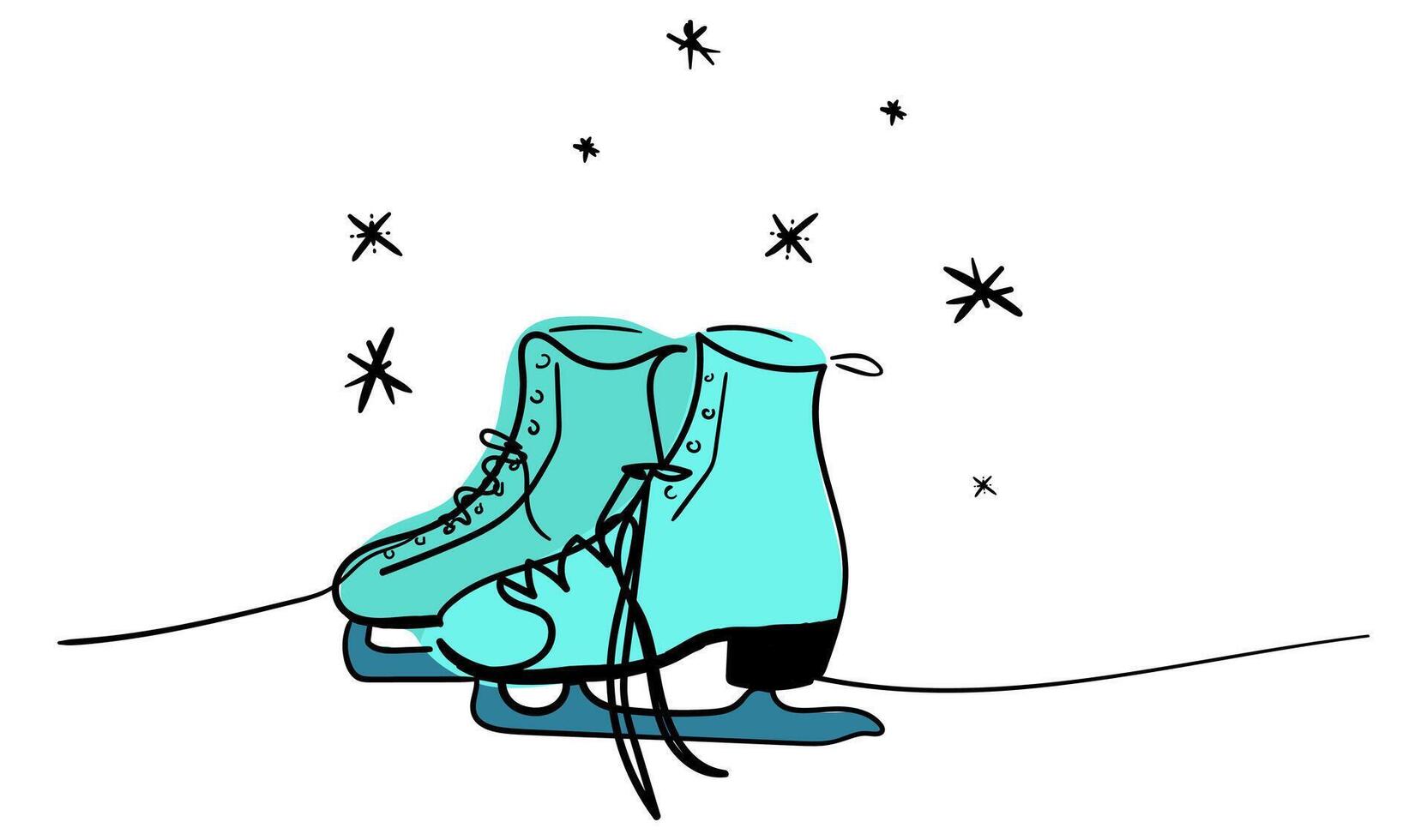 Continuous one line of pair of figure ice skates blue cold color hanging in silhouette on white background. Winter illustration vector