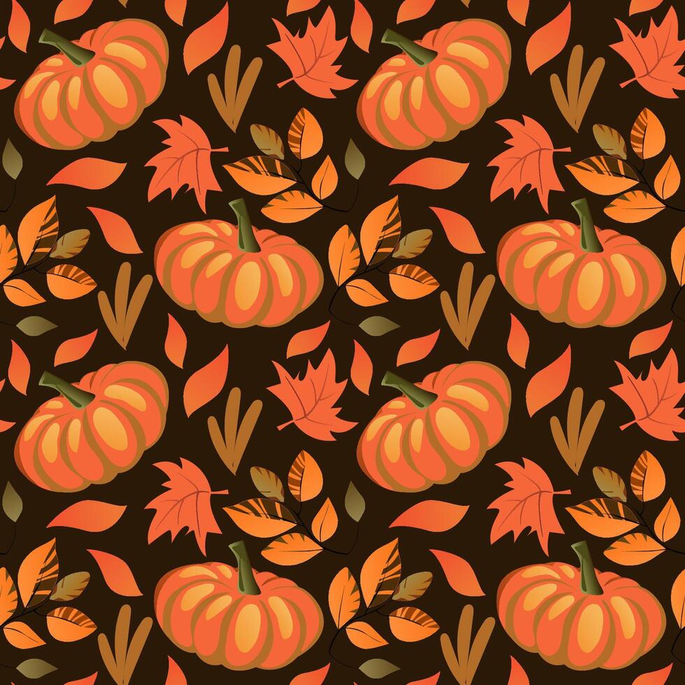 Seamless pattern of pumpkins and leaves on a chic black background vector
