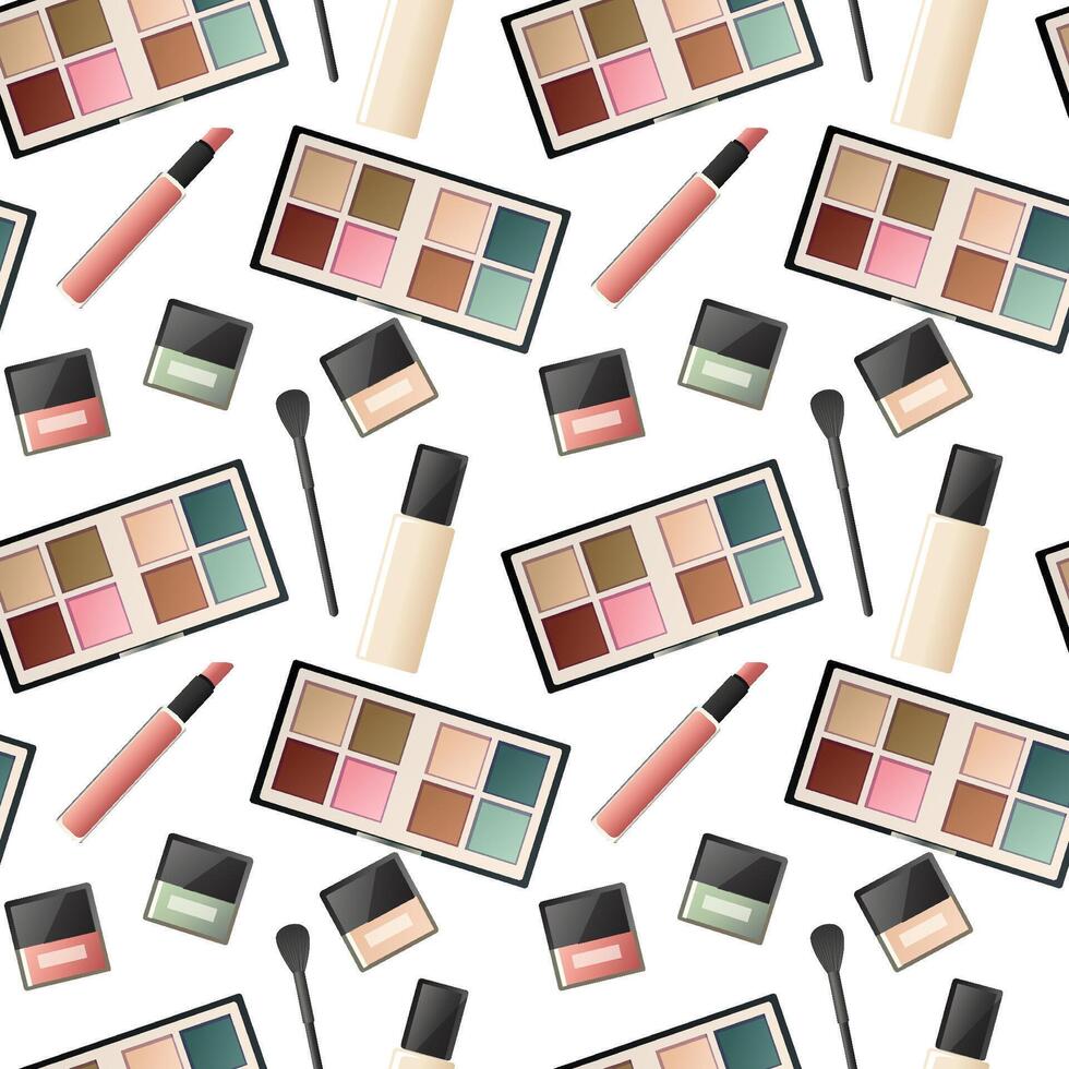 Seamless patter with feminine cosmetic products and fragrances, hand drawn illustration. vector