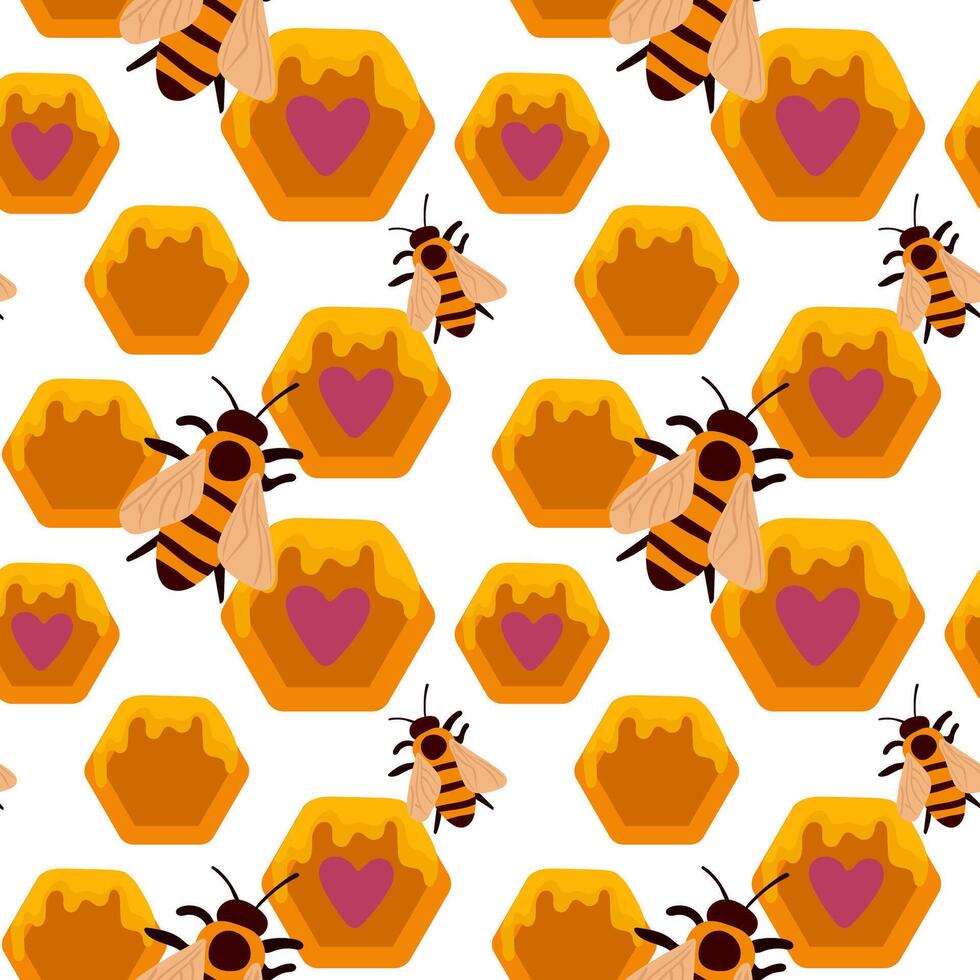 Seamless pattern with flying bees. cartoon black and yellow bees isolated on white background. vector