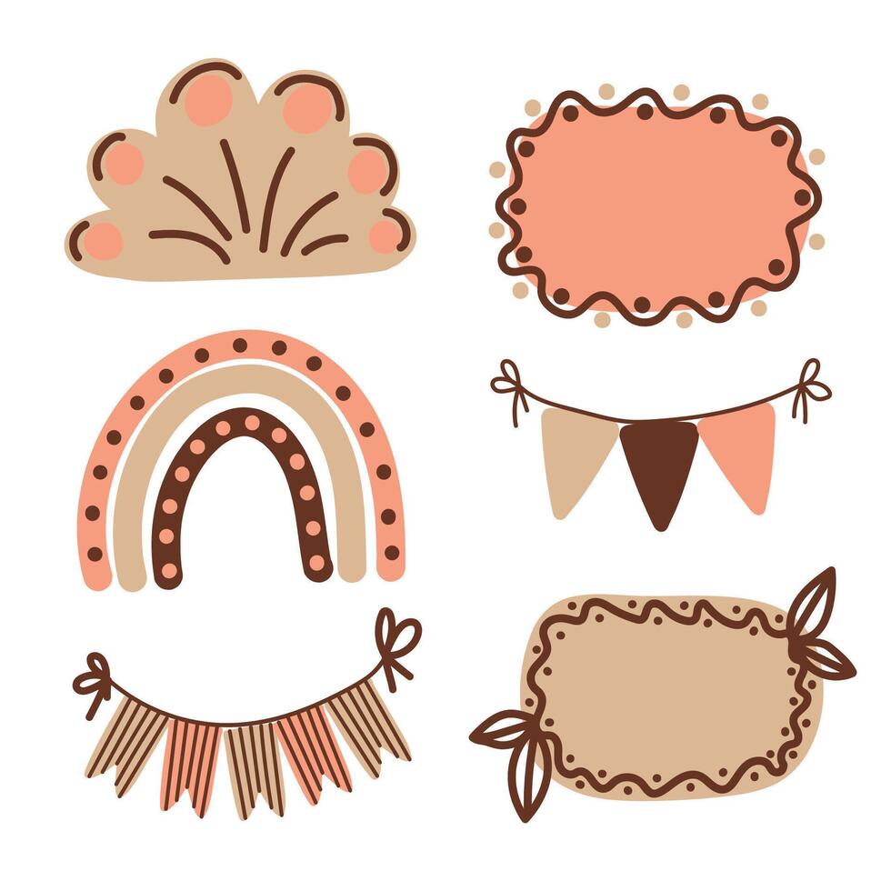 hand drawn boho clipart for nursery decoration with cute rainbows and moon, sun, cloud, dream catcher. Doodle modern illustration. Perfect for baby shower, birthday, children s party vector