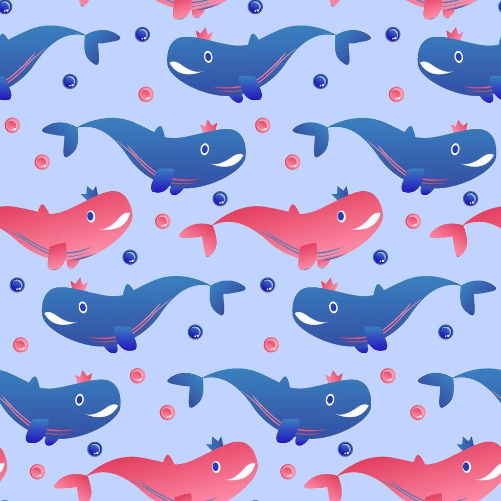 sea whales organic pattern. Seamless marine baby print with cachalot and seaweed for textile vector