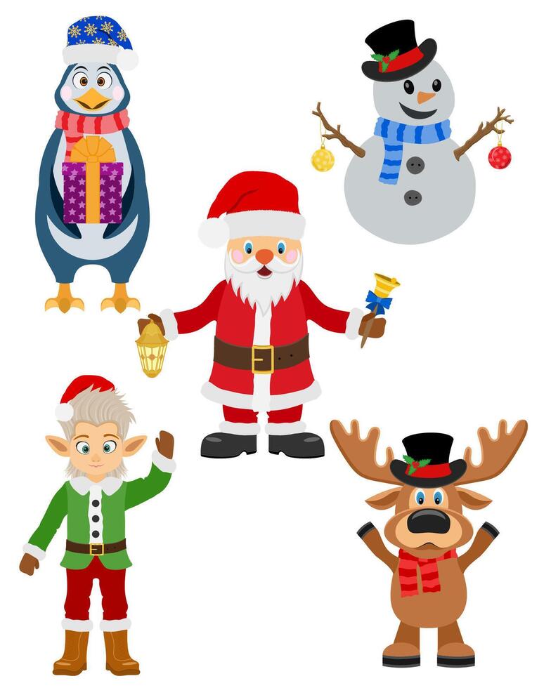 christmas and new year characters holiday symbols flat style illustration isolated on white background vector