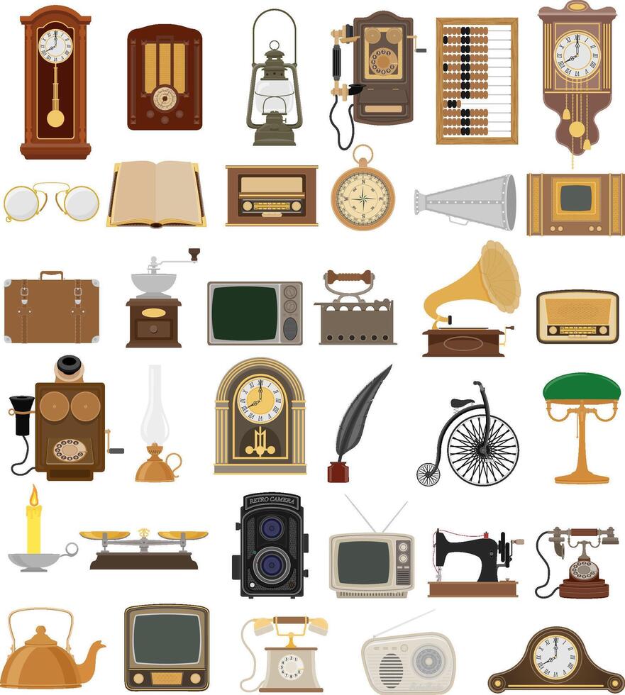 big set of much objects retro old vintage icons stock illustration isolated on white background vector