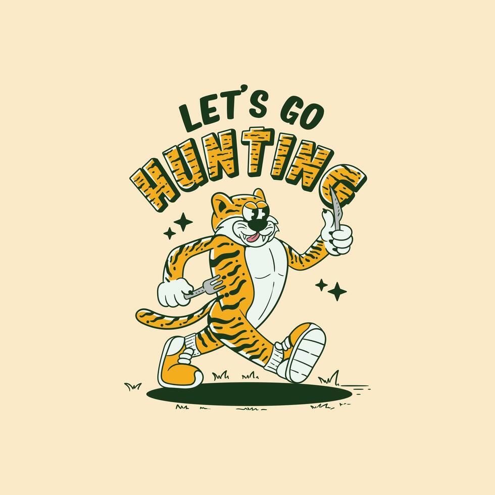 retro cartoon illustration of a tiger holding a fork for hunting vector