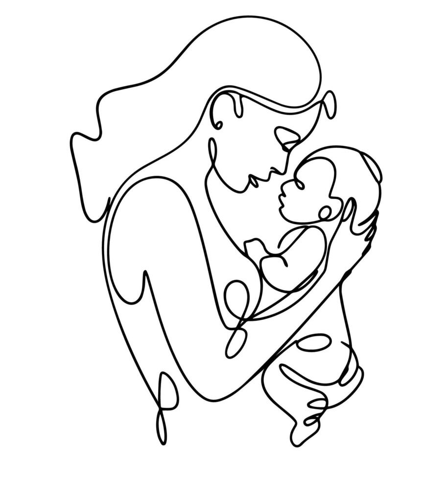 Mother and baby. Continuous line minimalist drawing illustration . Simple, hand drawn outline, symbolizing love, care, and motherhood. vector
