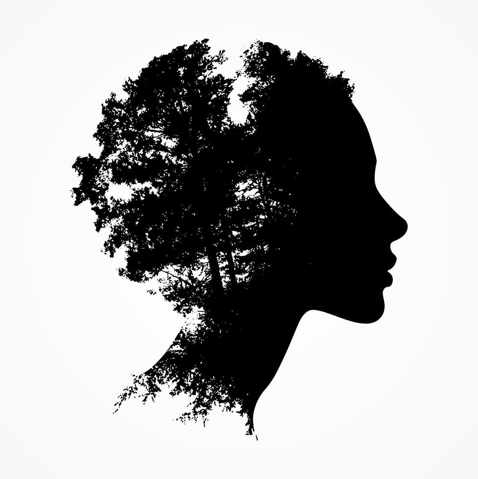 Silhouette of a woman profile blended with trees, symbolizing harmony between nature and humanity vector