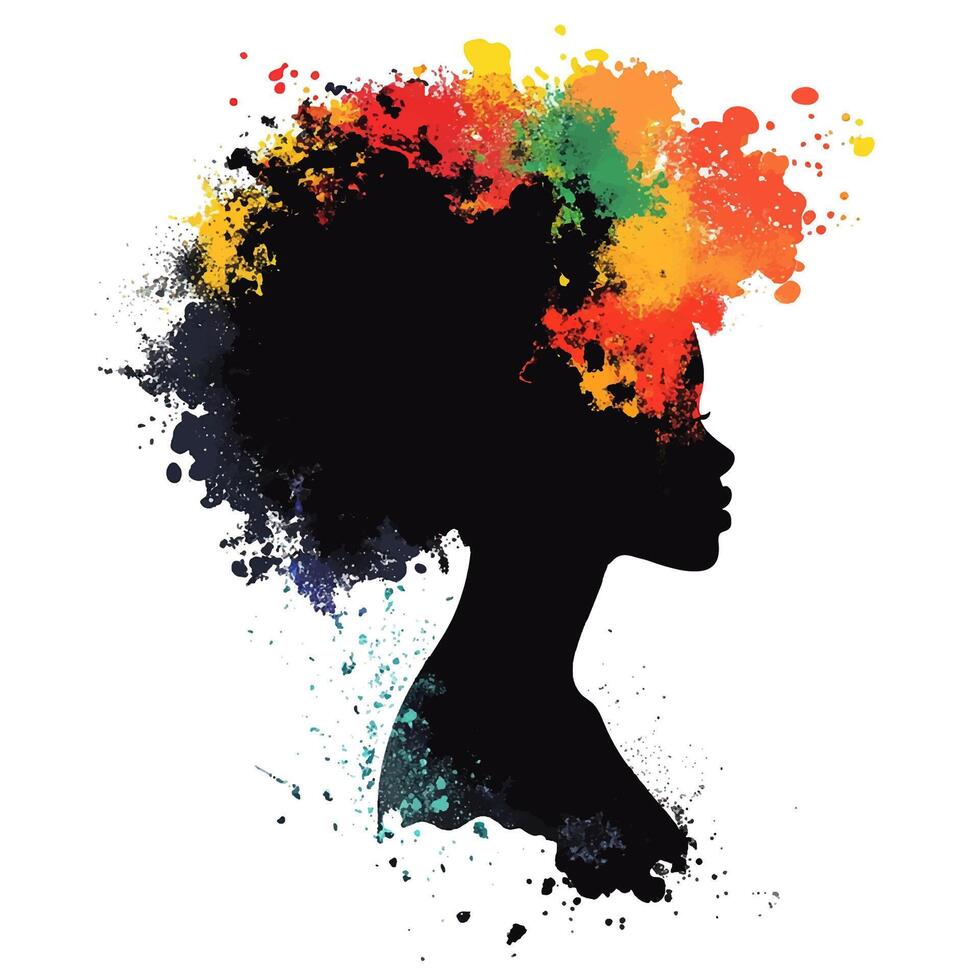 Woman silhouette with colorful splashes hair. Expressive symbol of creativity and individuality. vector