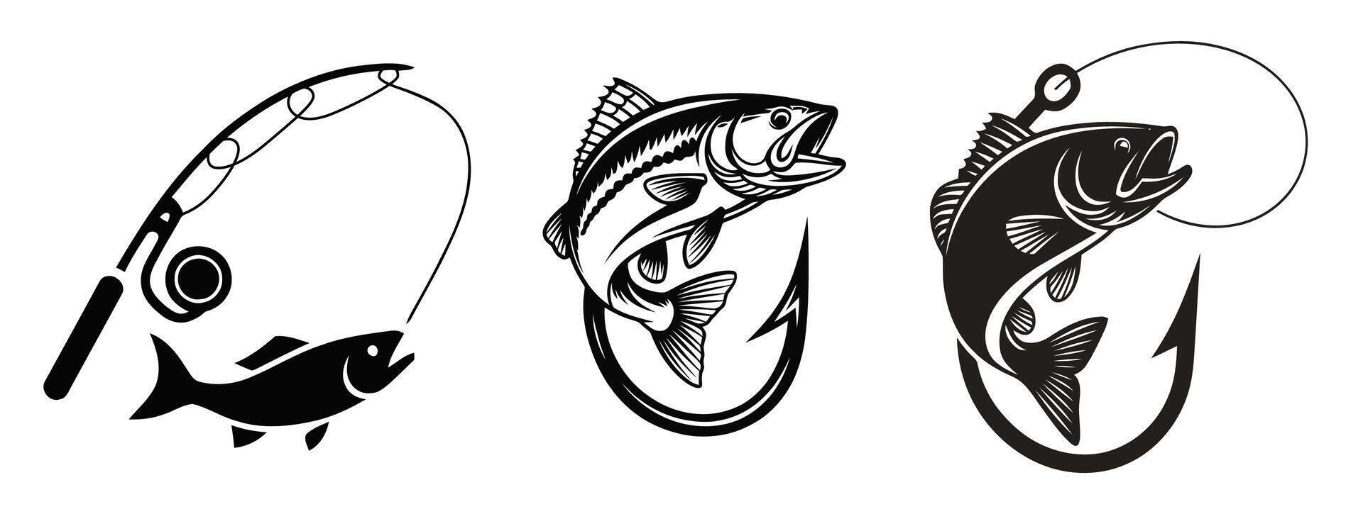 Fishing logo design set. Very detailed flat black and white logo, with jumping fish, hook and rod vector