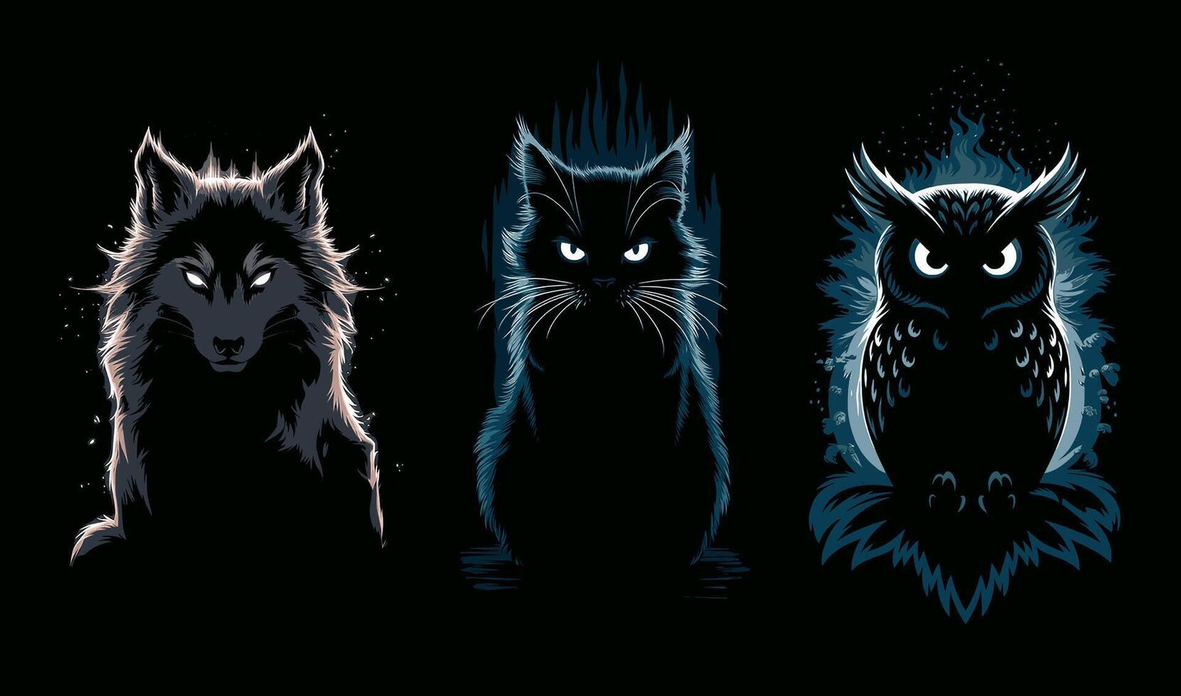 Halloween animal silhouette set . A cat, wolf and owl with glow contours on black background. vector