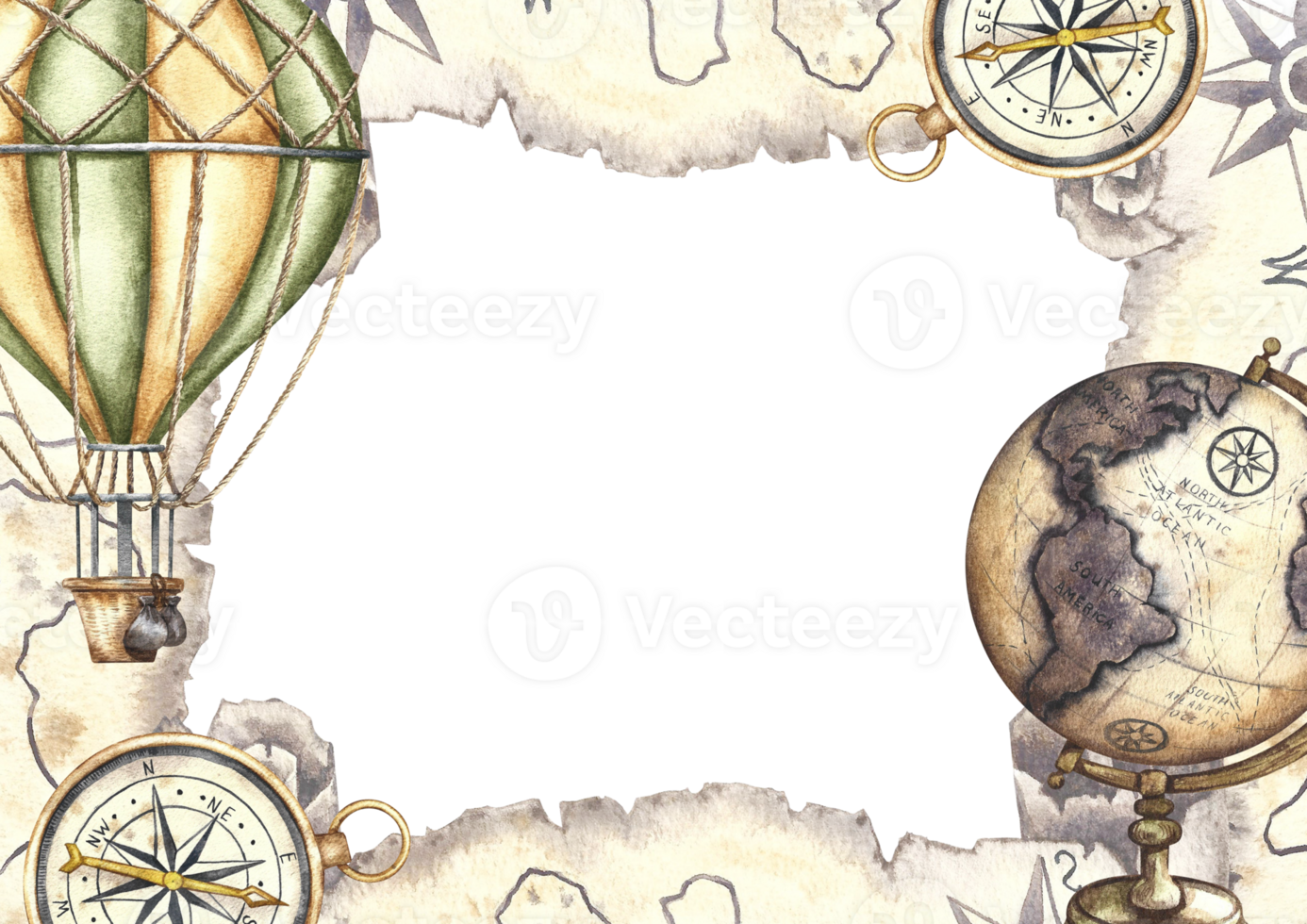 A frame with an image of a balloon trip. A balloon with a basket and an ancient map of treasure island, a globe and a compass. A hand-drawn watercolor illustration. For banner, flyer,poster png