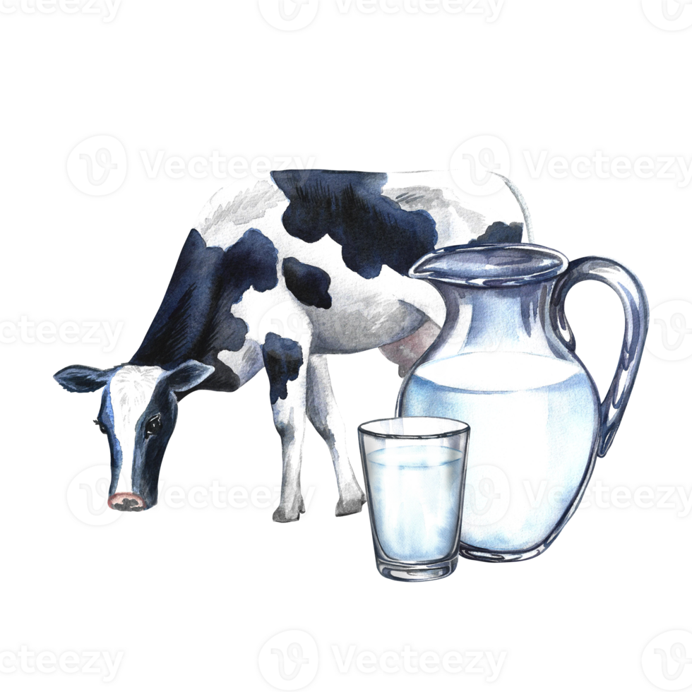 Cow and dairy products in glassware. A hand-drawn watercolor illustration. For advertising banners, flyers with milk, packages with labels of dairy products. For posters, prints, business cards. png