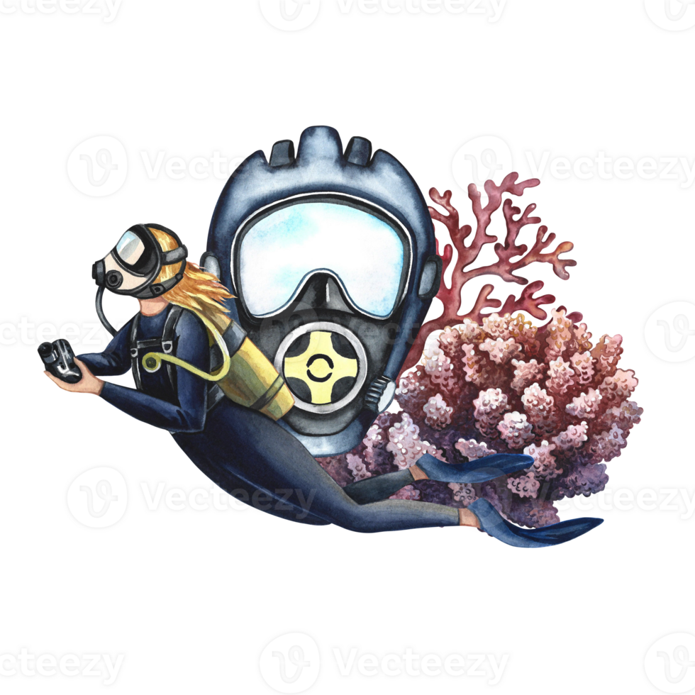 Diver woman, scuba mask and coral. Hand-drawn in watercolor. A concept for labels, banners, flyers and brochures. For prints, stickers, and postcards. For stickers and prints. png