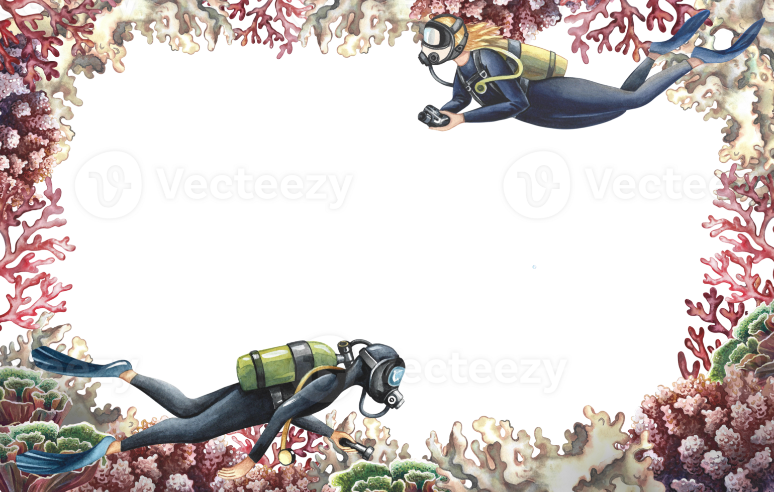 Coral frame with divers. A hand-drawn watercolor illustration. Aquarium, tropics, reefs. The concept of a label, business card and banner, postcard and flyer, brochure template. png