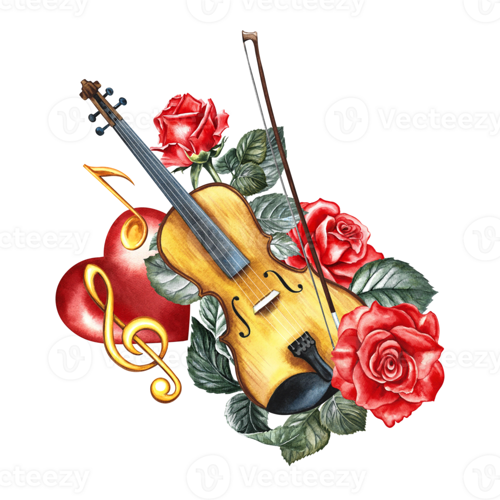 A violin decorated with red roses and a golden treble clef on a red heart. The watercolor illustration is hand-drawn. For posters, flyers and invitation cards. For banners, postcards, logos, stickers. png