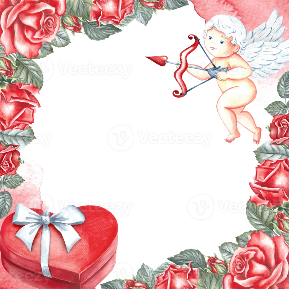A frame with red roses, cupids and a heart-shaped gift box. Hand-drawn watercolor illustration. A greeting card for lovers, for Valentine's Day and wedding. Also suitable for packaging, poster png