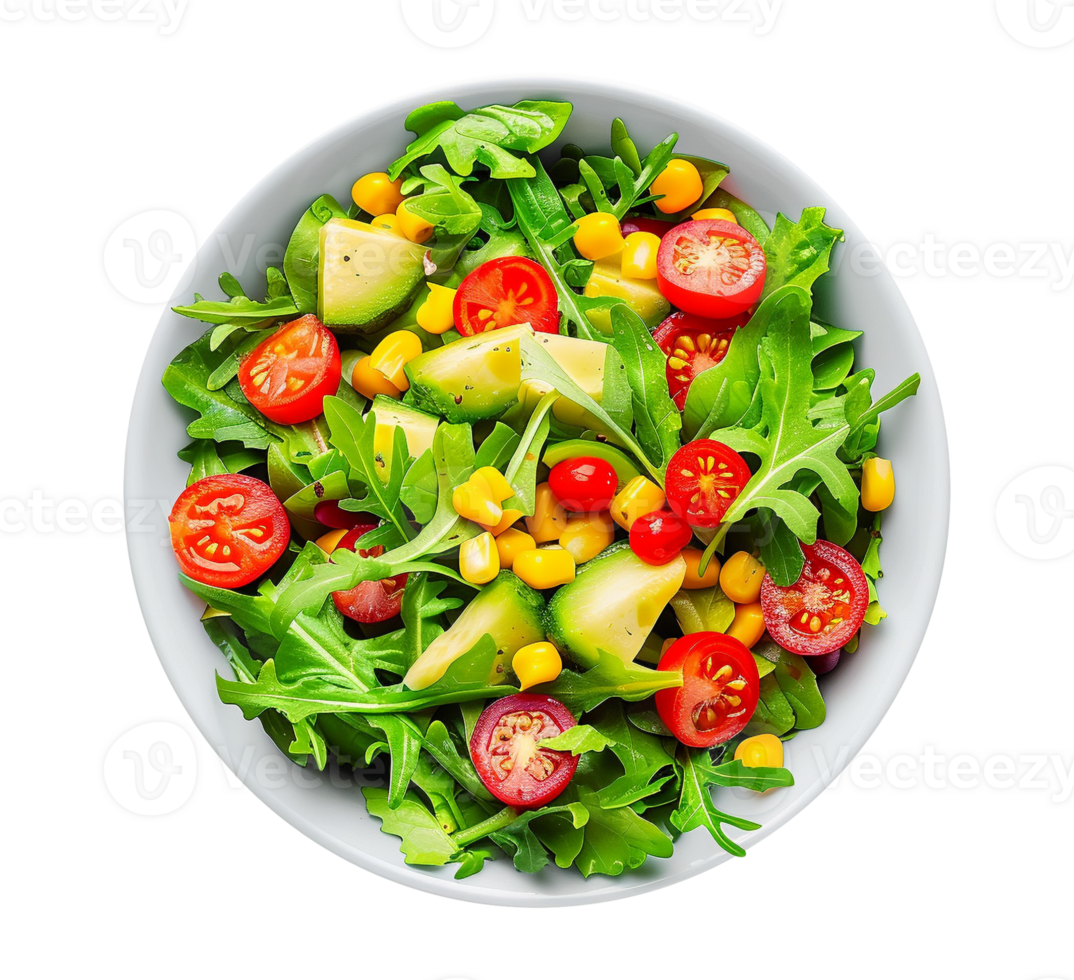 a salad with tomatoes, corn and avocado on a white plate png