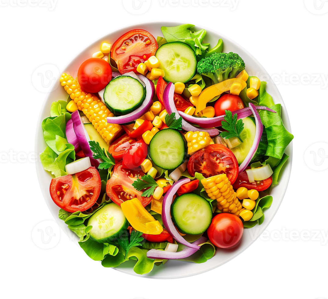 fresh salad with vegetables and corn on white plate png
