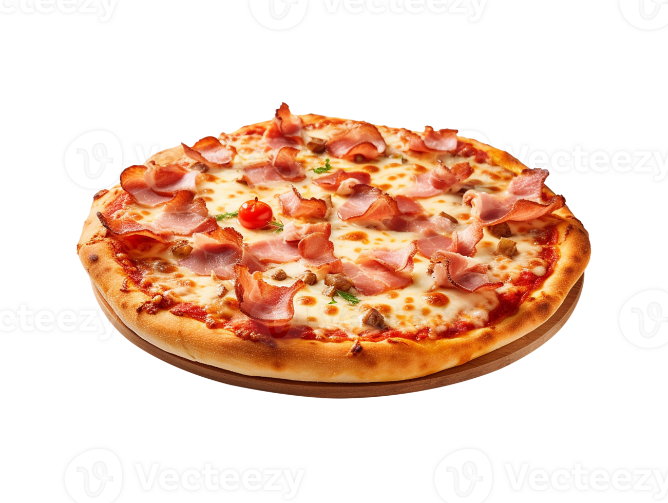 pizza with ham and cheese on a wooden plate png