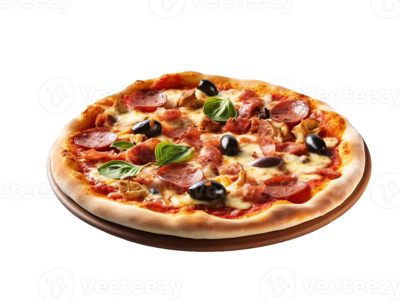 pizza with olives cheese and sausage on a wooden plate png