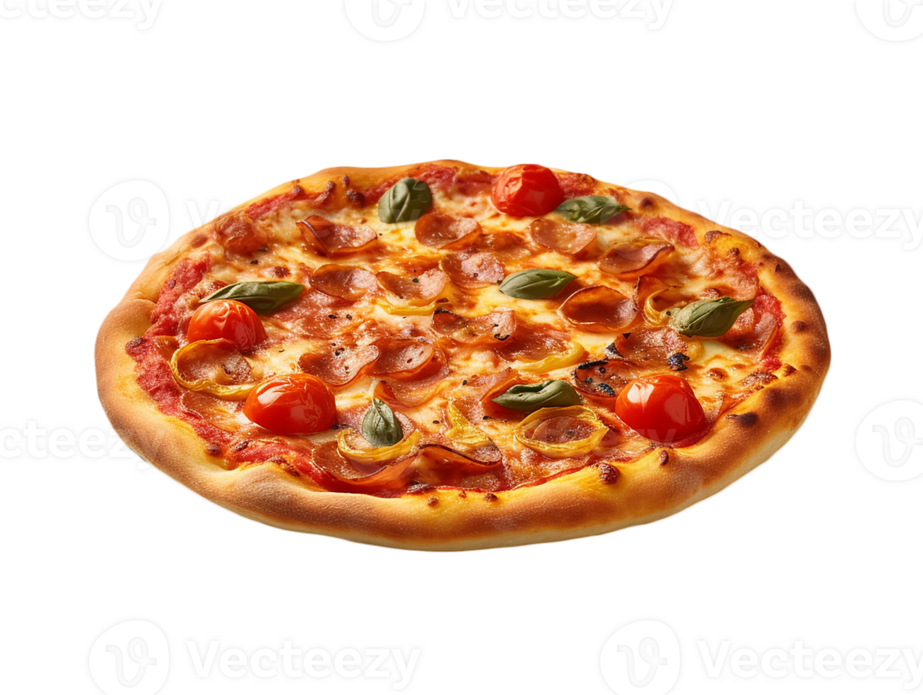 pizza with pepperoni and tomatoes on a transparent background png