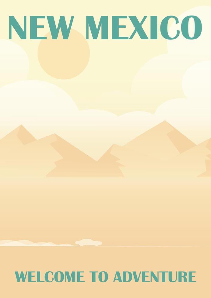 Retro style travel poster, United States, New Mexico. Desert Highway and a passing car illustration vector