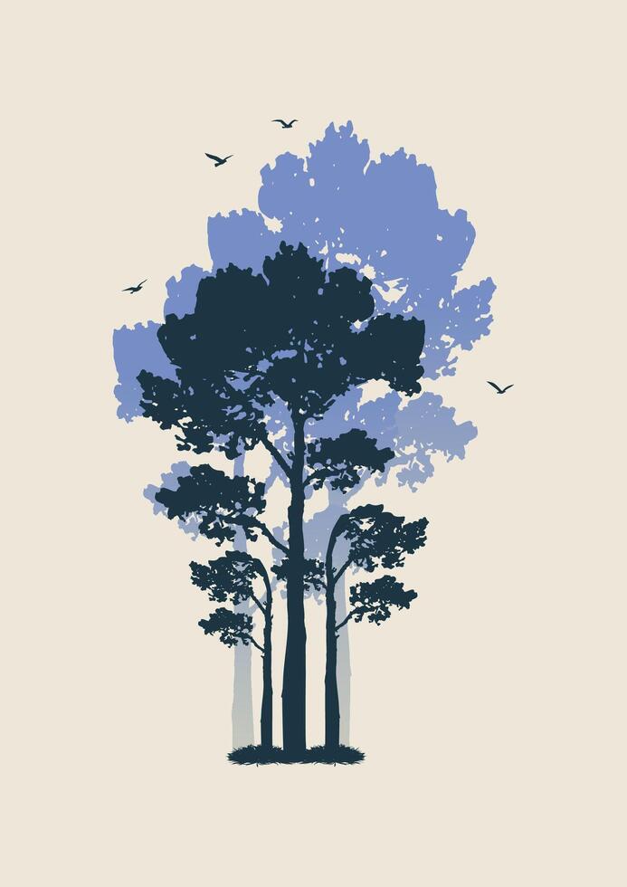 Aesthetic summer tree silhouette poster. Peaceful rural nature illustration. Wall art banner wallpaper vector