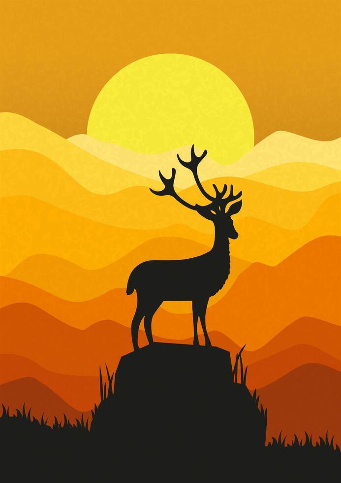 Silhouette of deer standing on the cliff in the dusk. Magical misty landscape, sunset gradient illustration vector