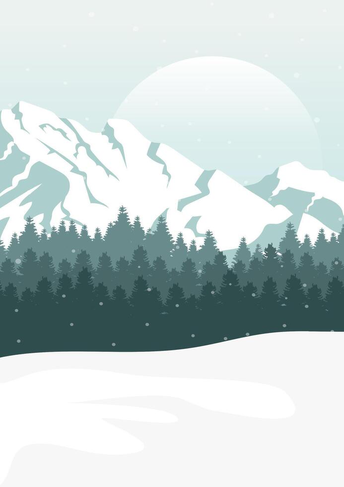 Snowy panorama, minimalist wall decor. Landscape illustration of winter christmas card. Forest snowfall vector
