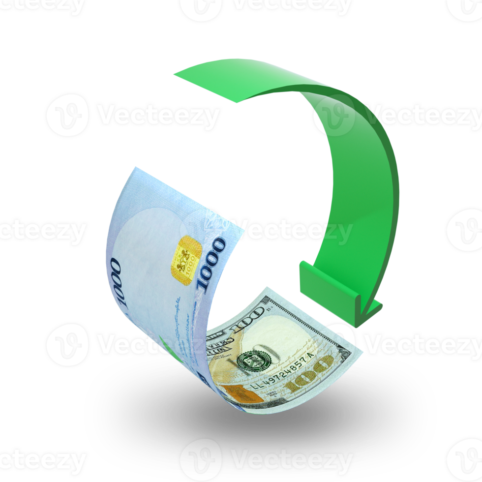 Nigeria Niara US dollar exchage rate concept, currencies covertion rate icon, symbol, sign, bending paper currency note with a round green arrow, 3D rendering png