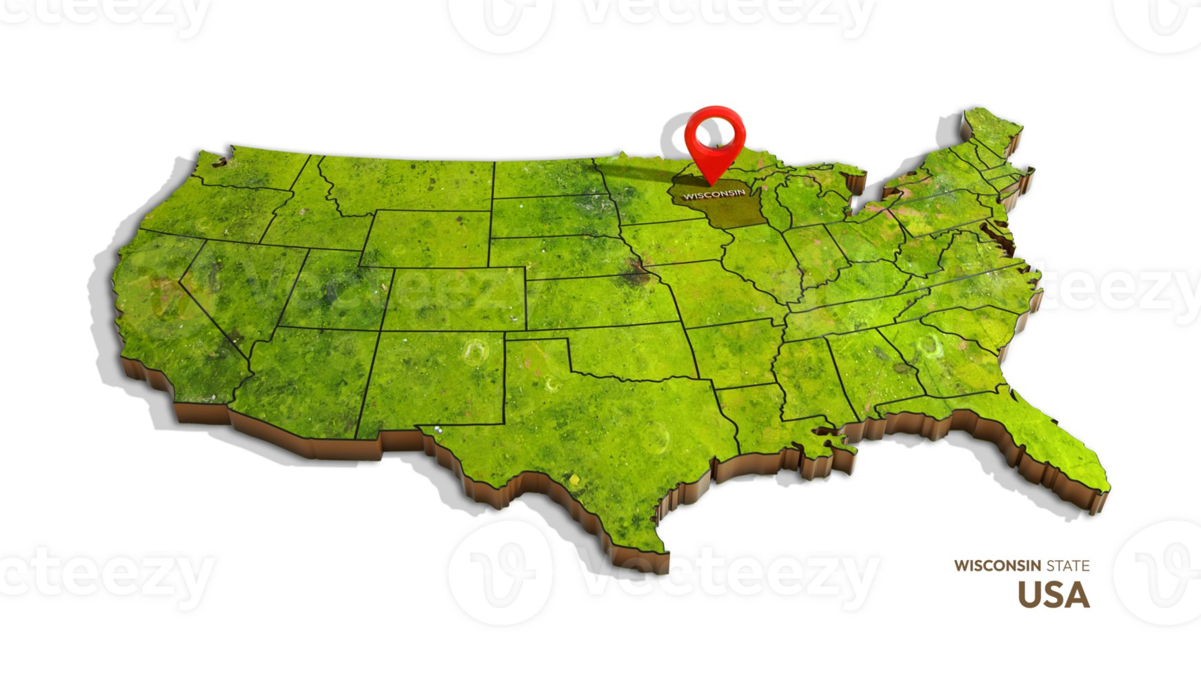 3D rendering of united states map highlighting WISCONSIN state isolated on transparent background png