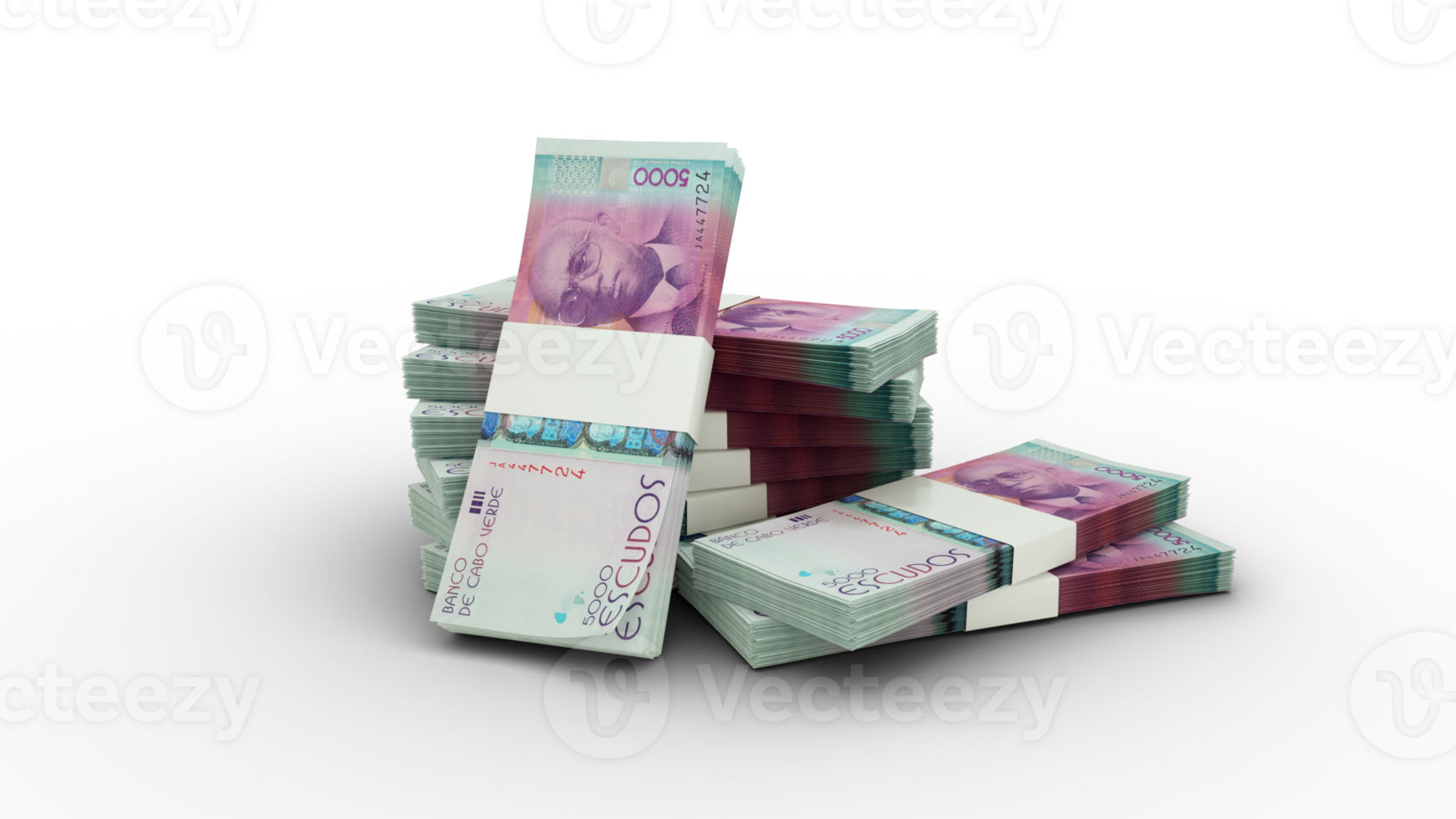 3d Renderização do pilha do capa verdeano escudo notas. Pacotes do capa verdeano moeda notas isolado em transparente fundo png