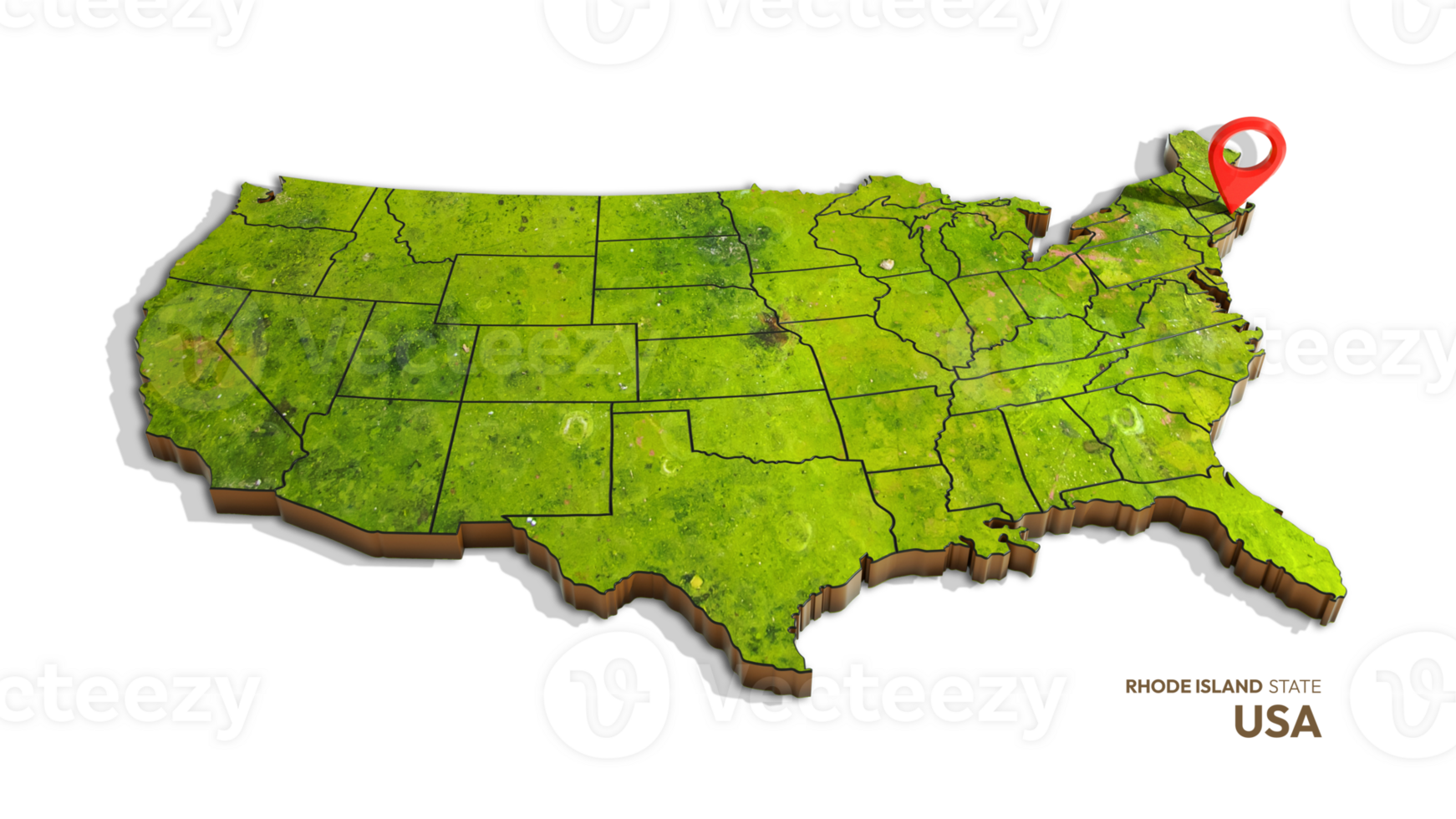 3D rendering of united states map highlighting rhode island state isolated on transparent background png