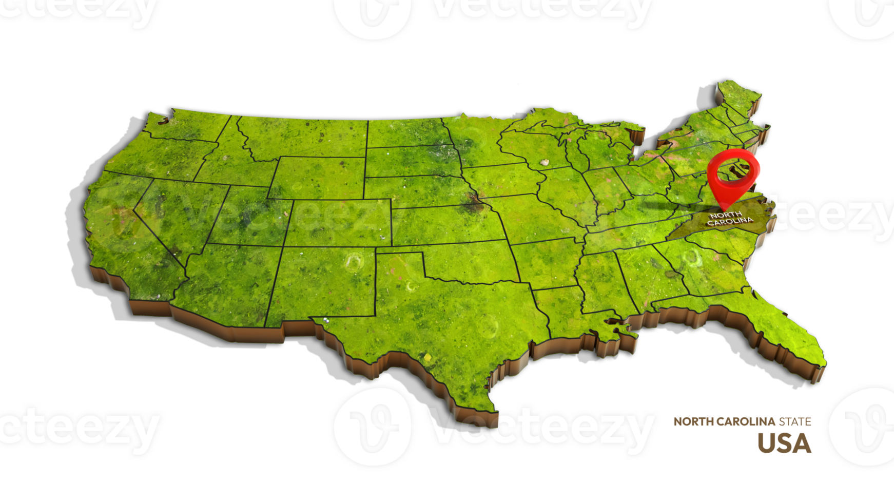 3D rendering of united states map highlighting NORTH CAROLINA state isolated on transparent background png