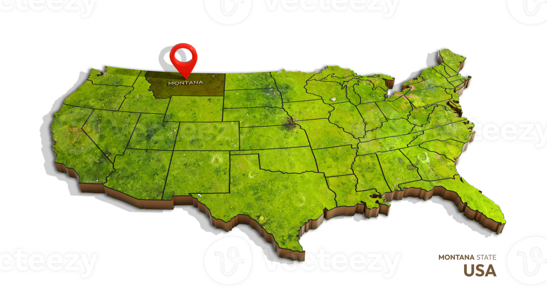 3D rendering of united states map highlighting Montana state isolated on transparent background png