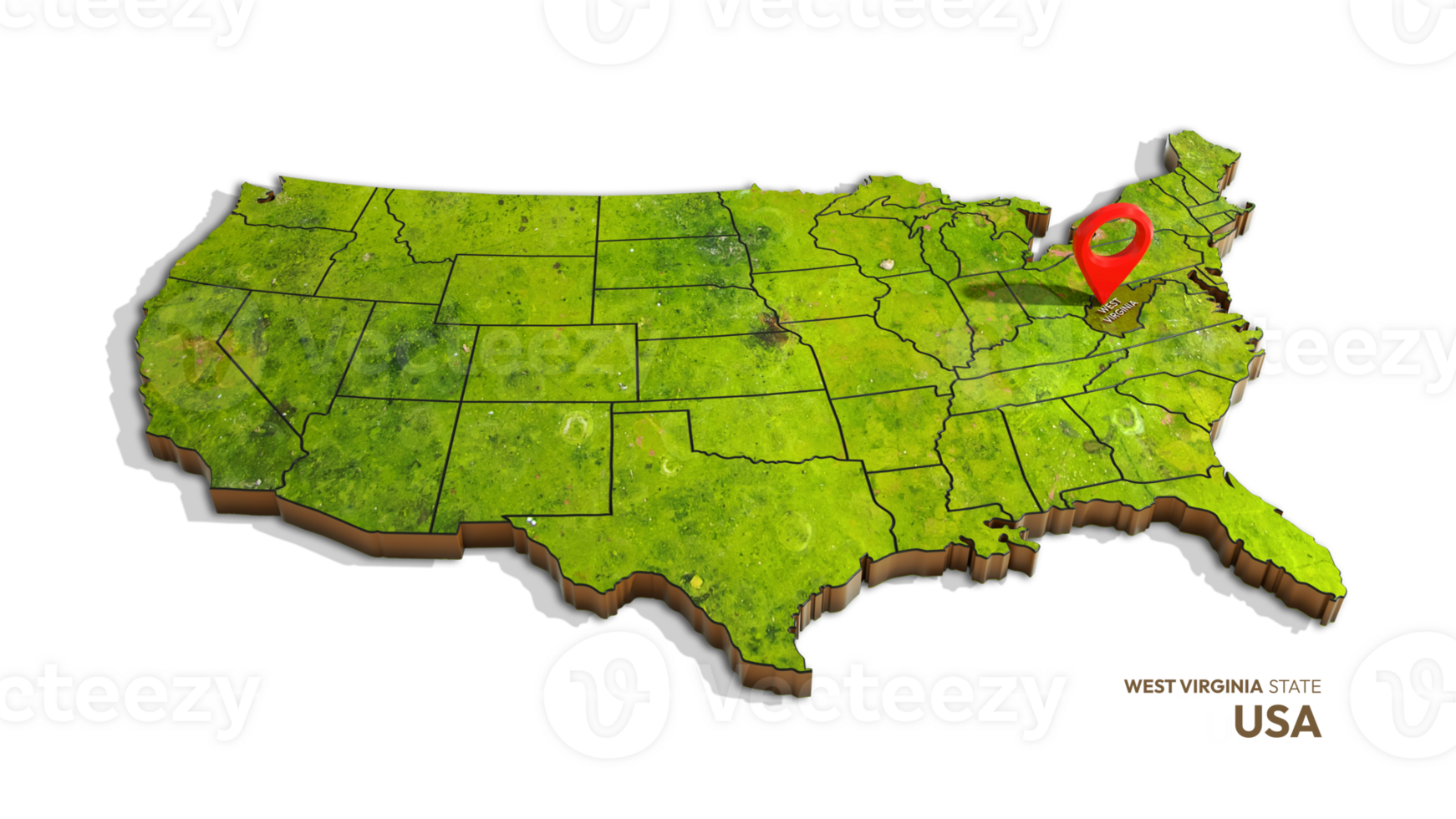 3D rendering of united states map highlighting WEST VIRGINIA state isolated on transparent background png