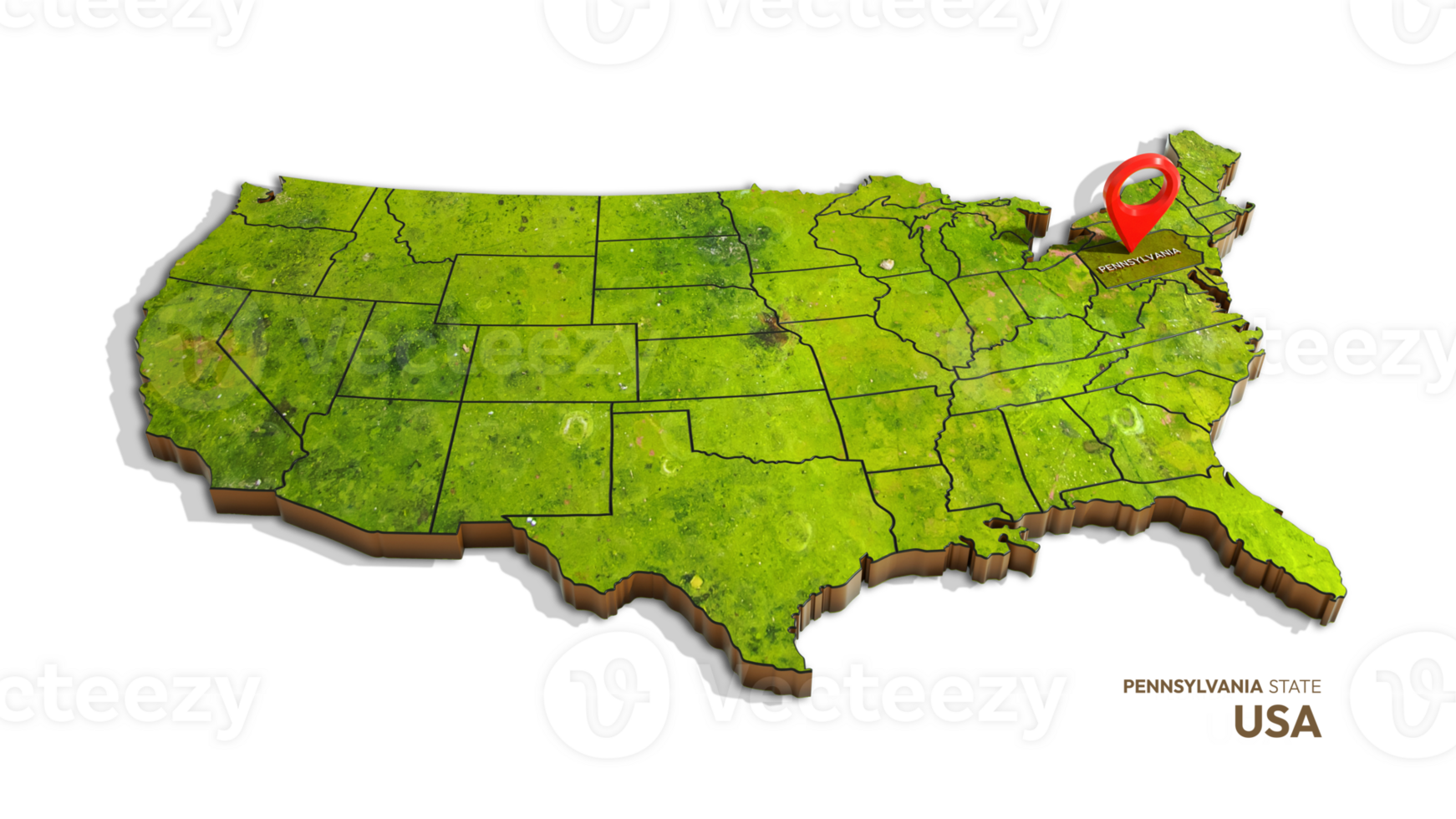 3D rendering of united states map highlighting PENNSYLVANIA state isolated on transparent background png