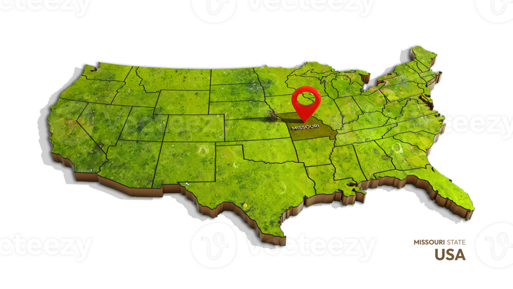 3D rendering of united states map highlighting MISSOURI state isolated on transparent background png