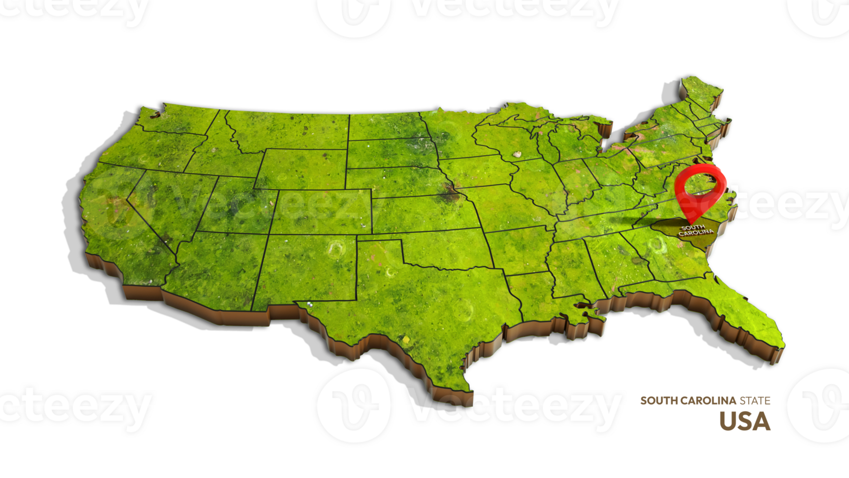 3D rendering of united states map highlighting South carolina state isolated on transparent background png