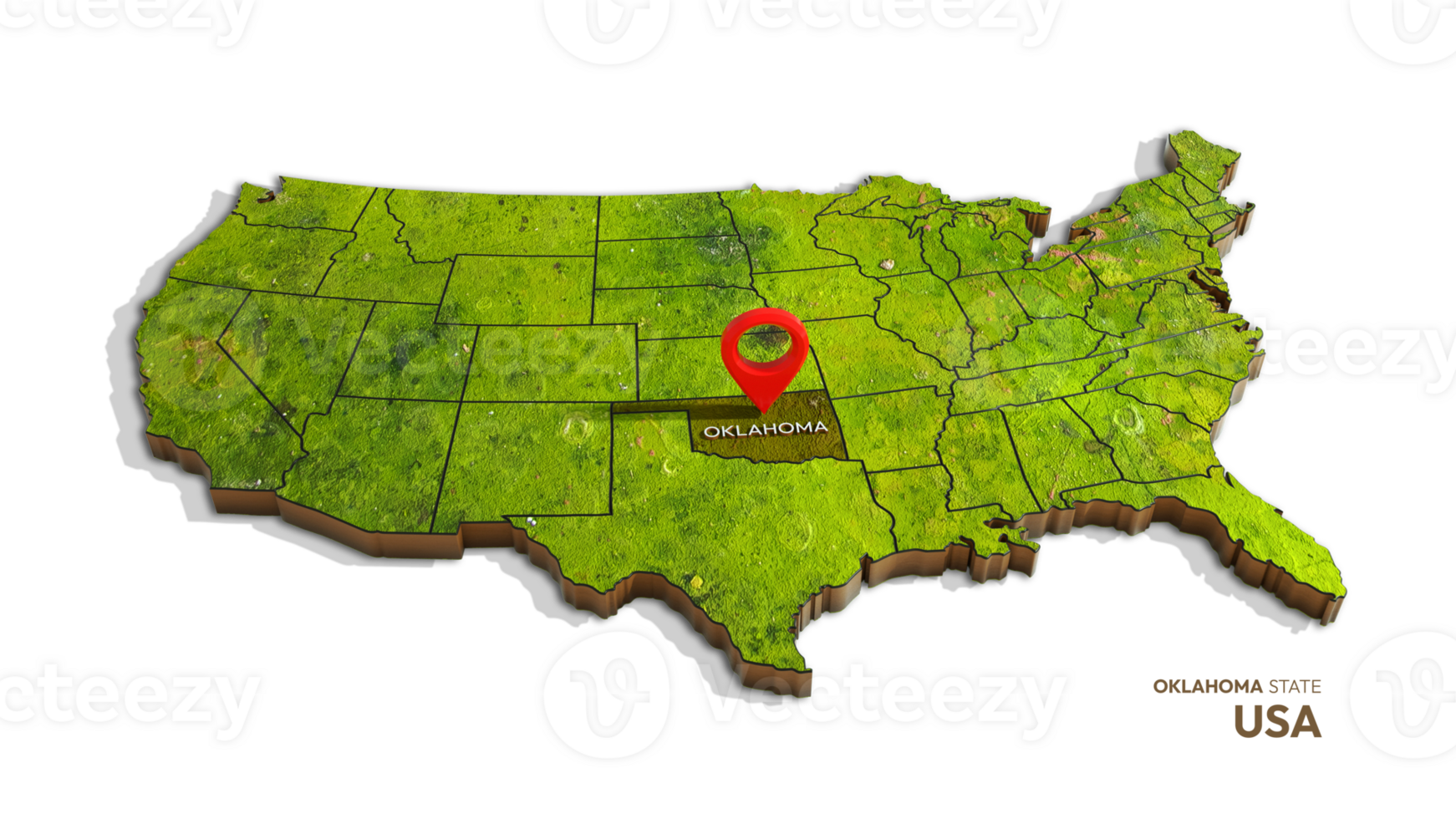 3D rendering of united states map highlighting Oklahoma state isolated on transparent background png