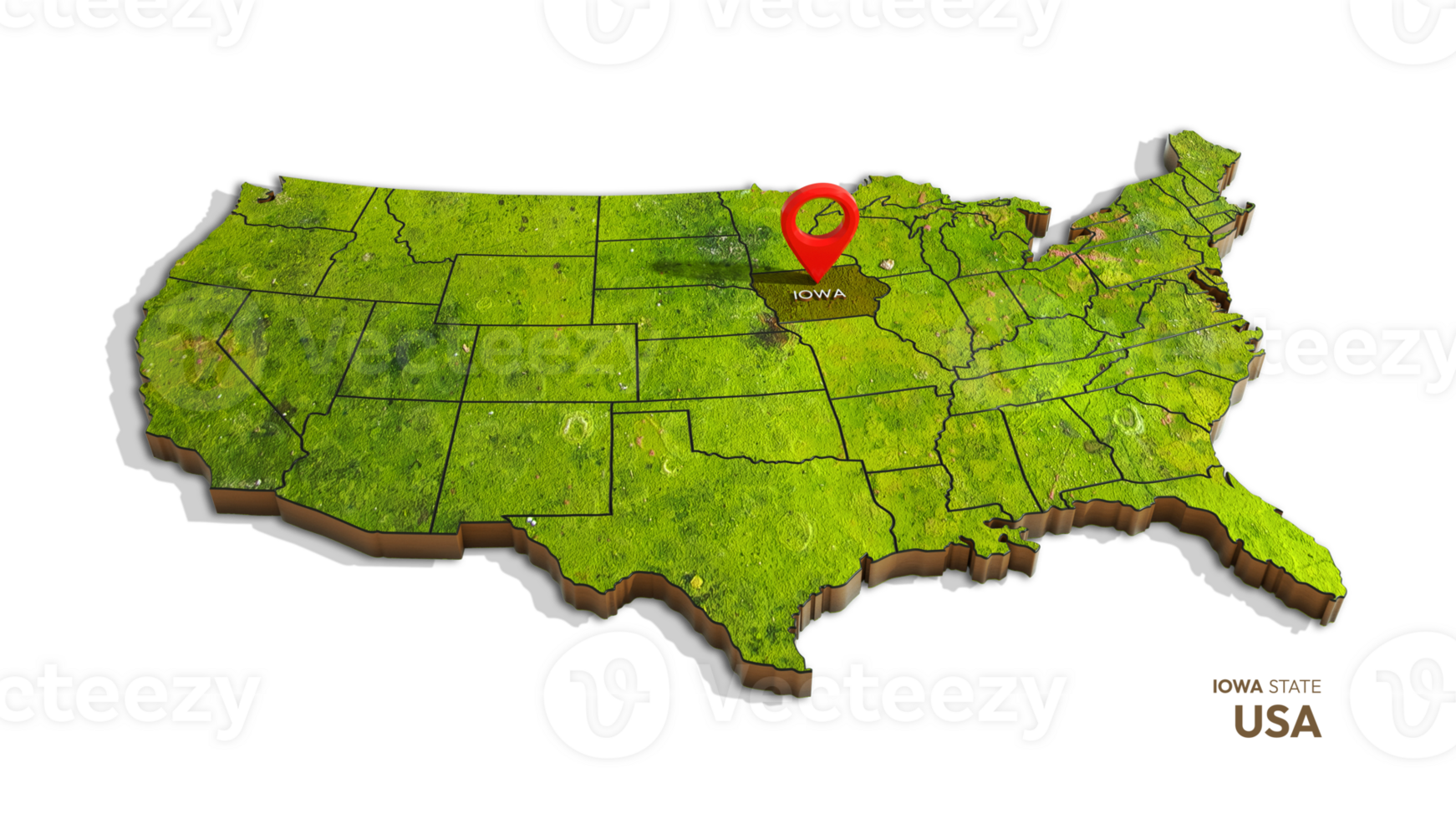3D rendering of united states map highlighting Iowa state isolated on transparent background png