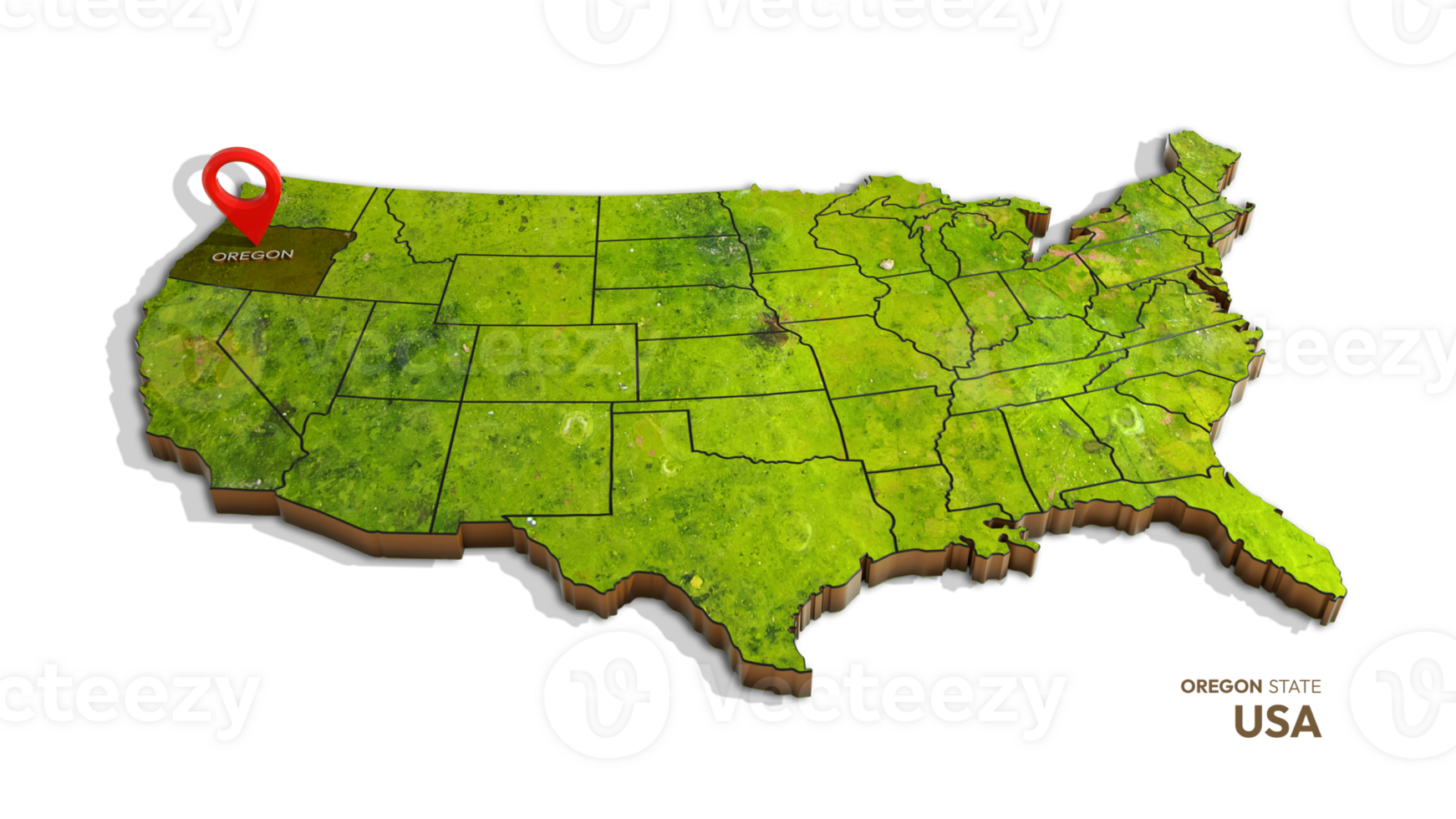 3D rendering of united states map highlighting Oregon state isolated on transparent background png
