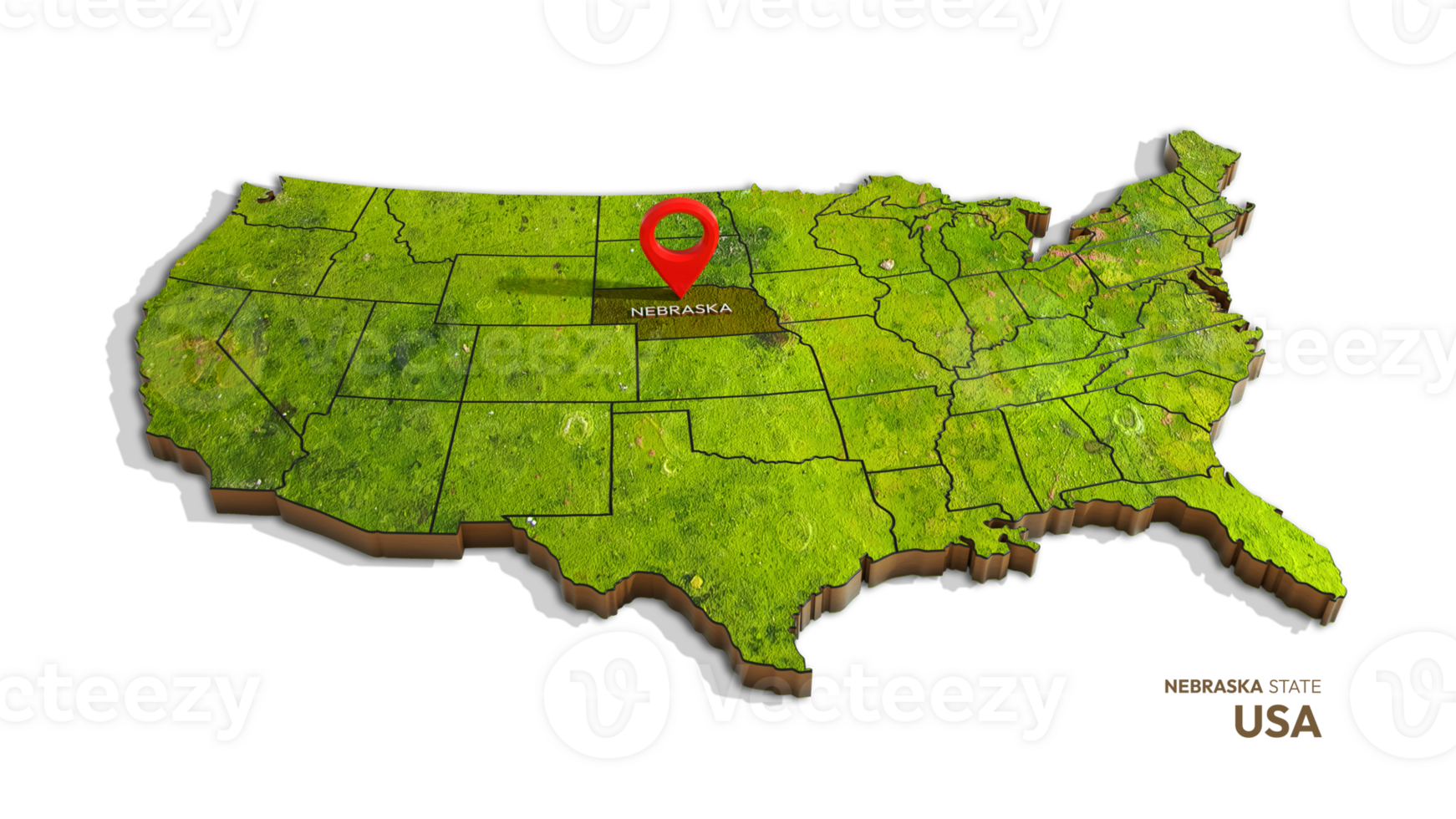 3D rendering of united states map highlighting Nebraska state isolated on transparent background png