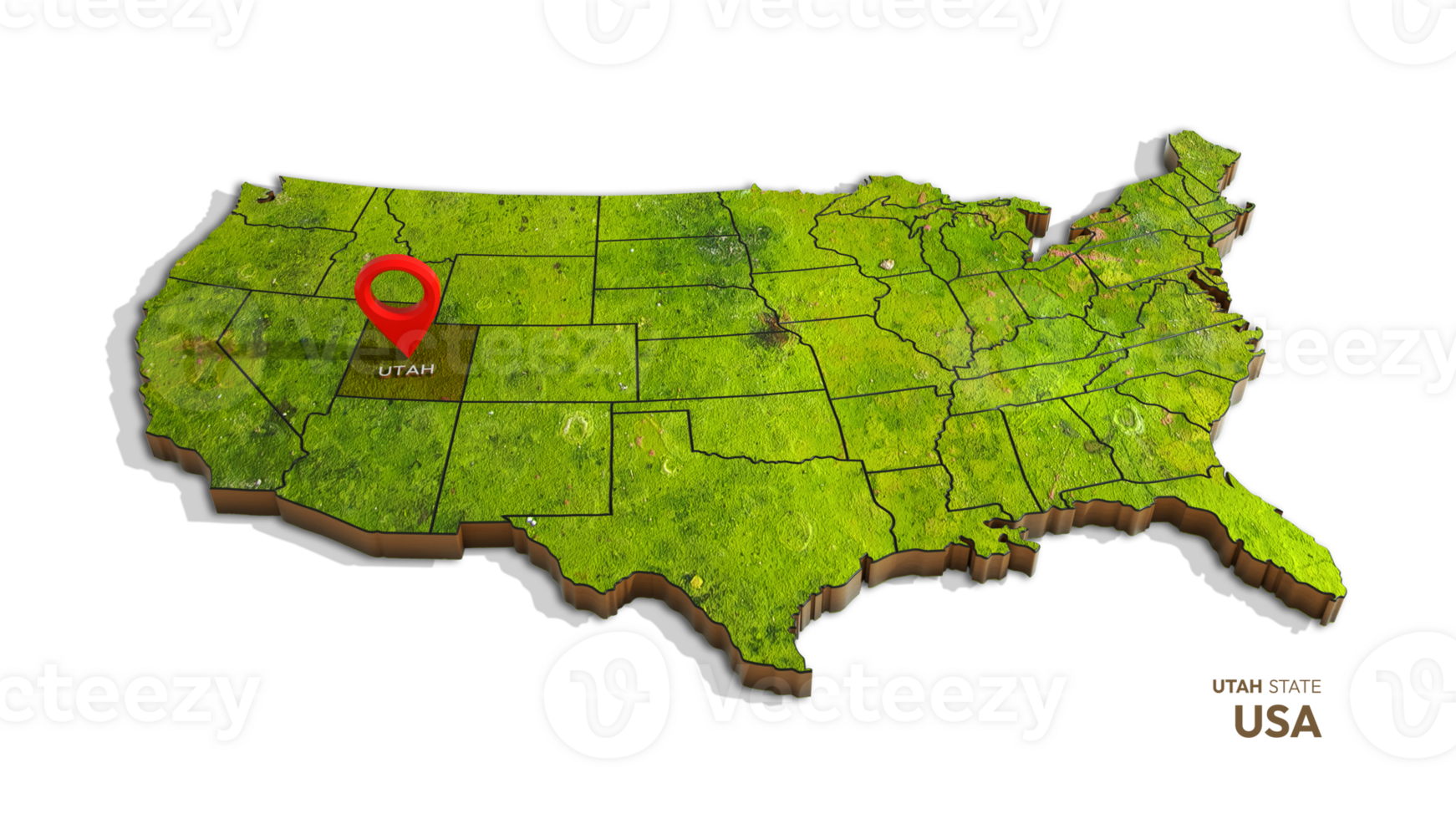 3D rendering of united states map highlighting Utah state isolated on transparent background png