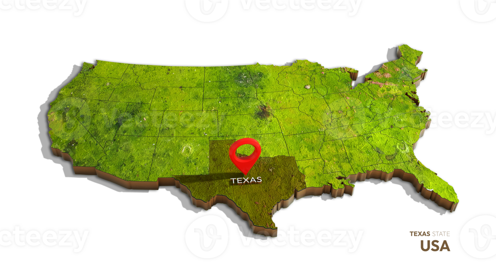 3D rendering of united states map highlighting Texas state isolated on transparent background png