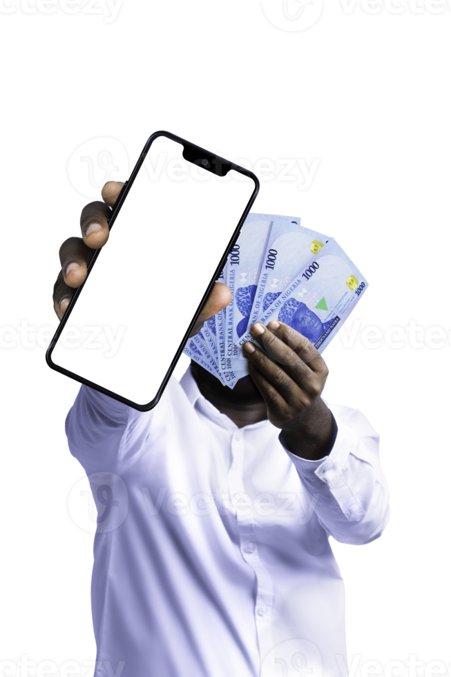 Black person holding Nigerian Naira notes and pointing phone with blank screen to the camera. Hand holding Nigerian currency notes, 3d rendered money isolated on a transparent background png