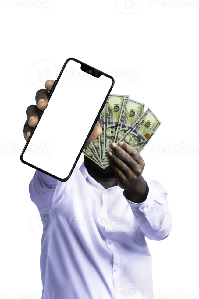 Black person holding Us dollar notes and pointing phone with blank screen to the camera. Hand holding American currency notes, 3d rendered money isolated on a transparent background png