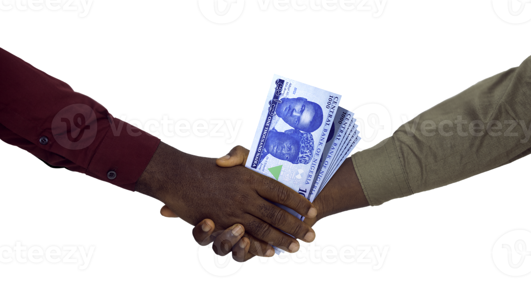 Two black hands in long sleeve shirts Shaking each other and Receiving Nigerian Naira notes over transparent Background png